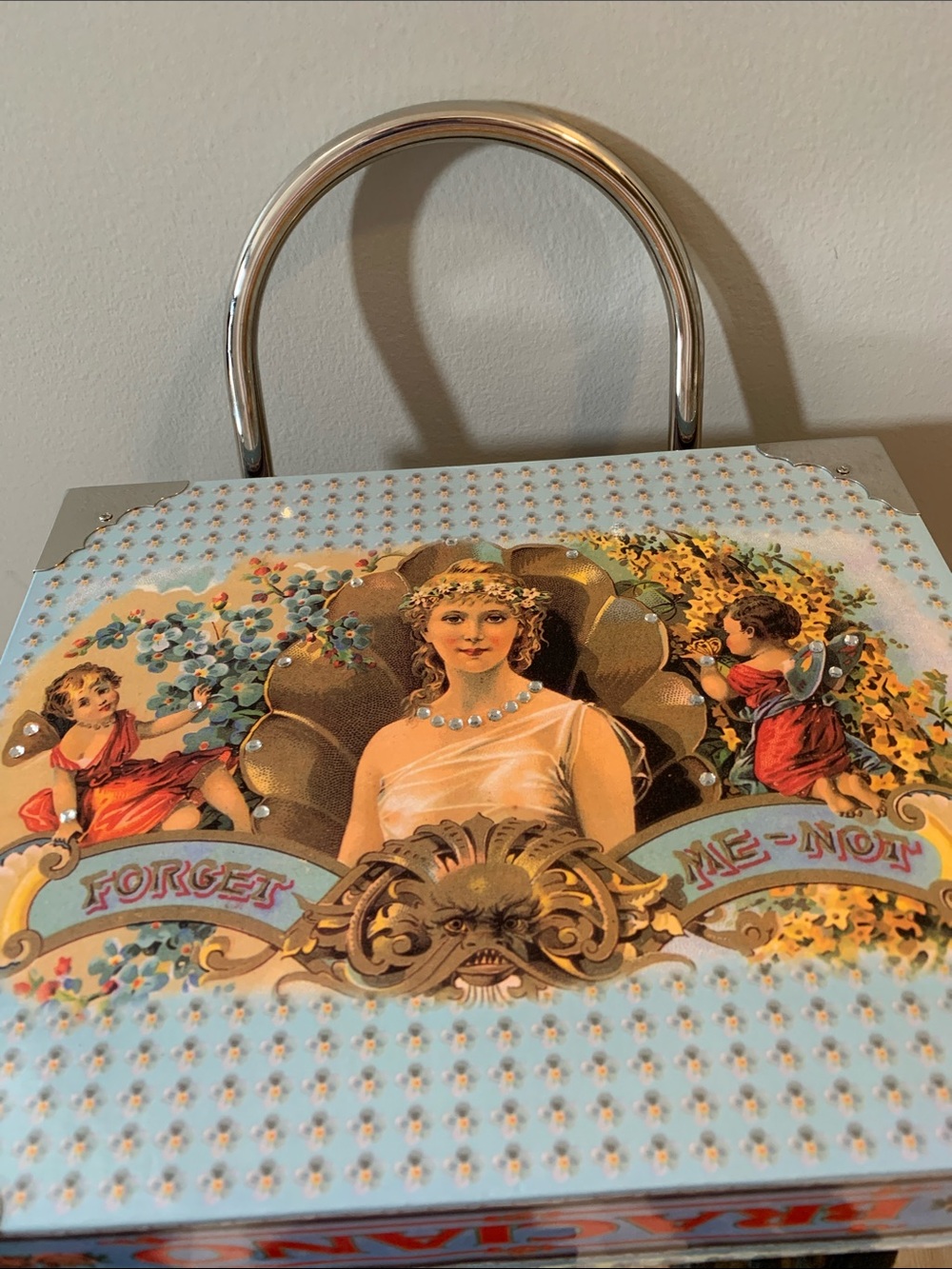 Braciano Light Blue Floral Box Handbag with Gold Handle - Picture 5 of 5
